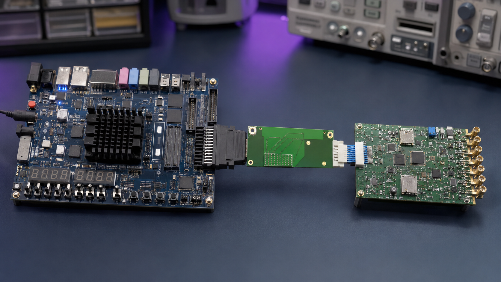 Illustrative high-speed ADC acquisition setup with an FPGA board, adapter, and ADC evaluation board
